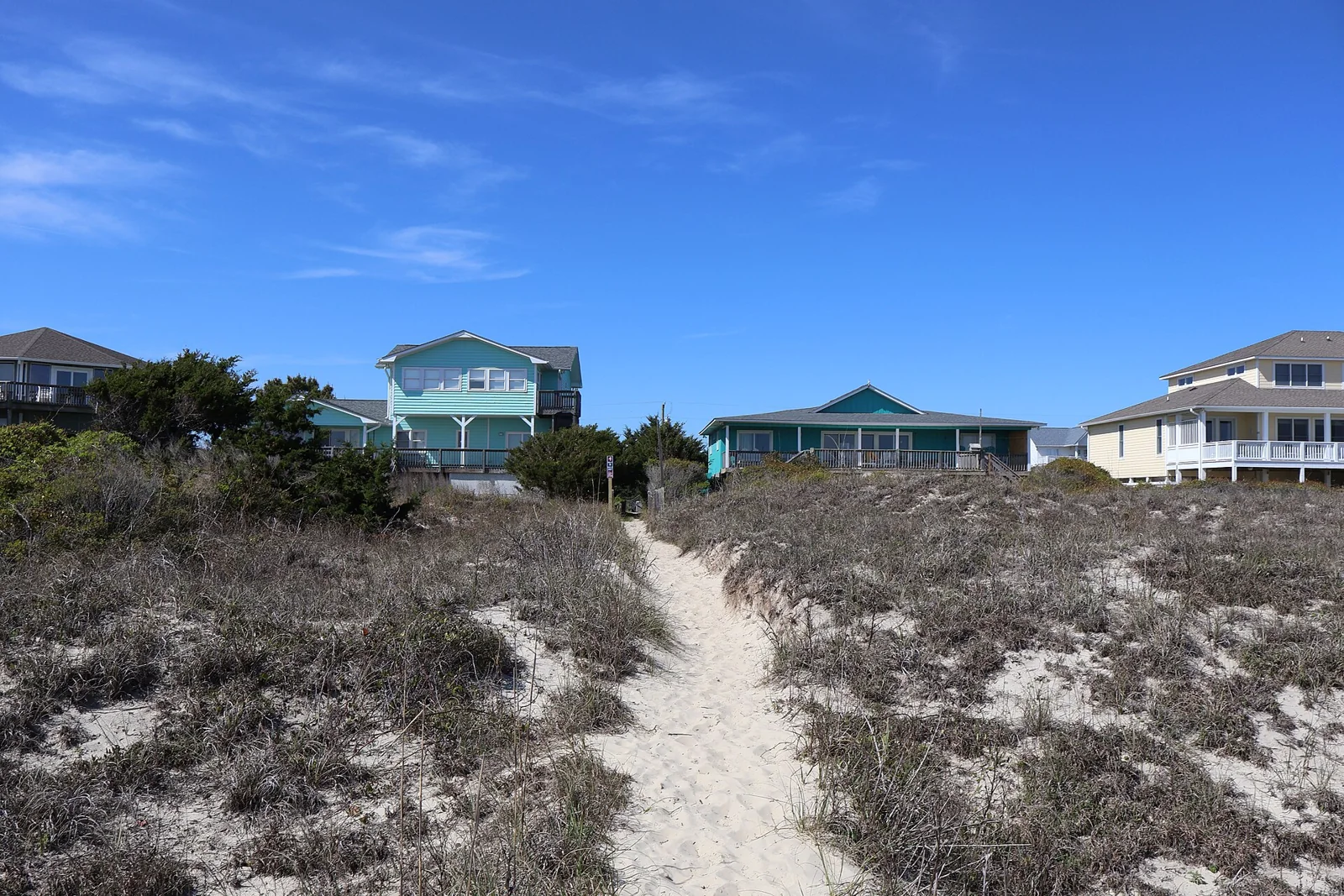 Coastal homes behind sandy dunes in Emerald Isle, North Carolina