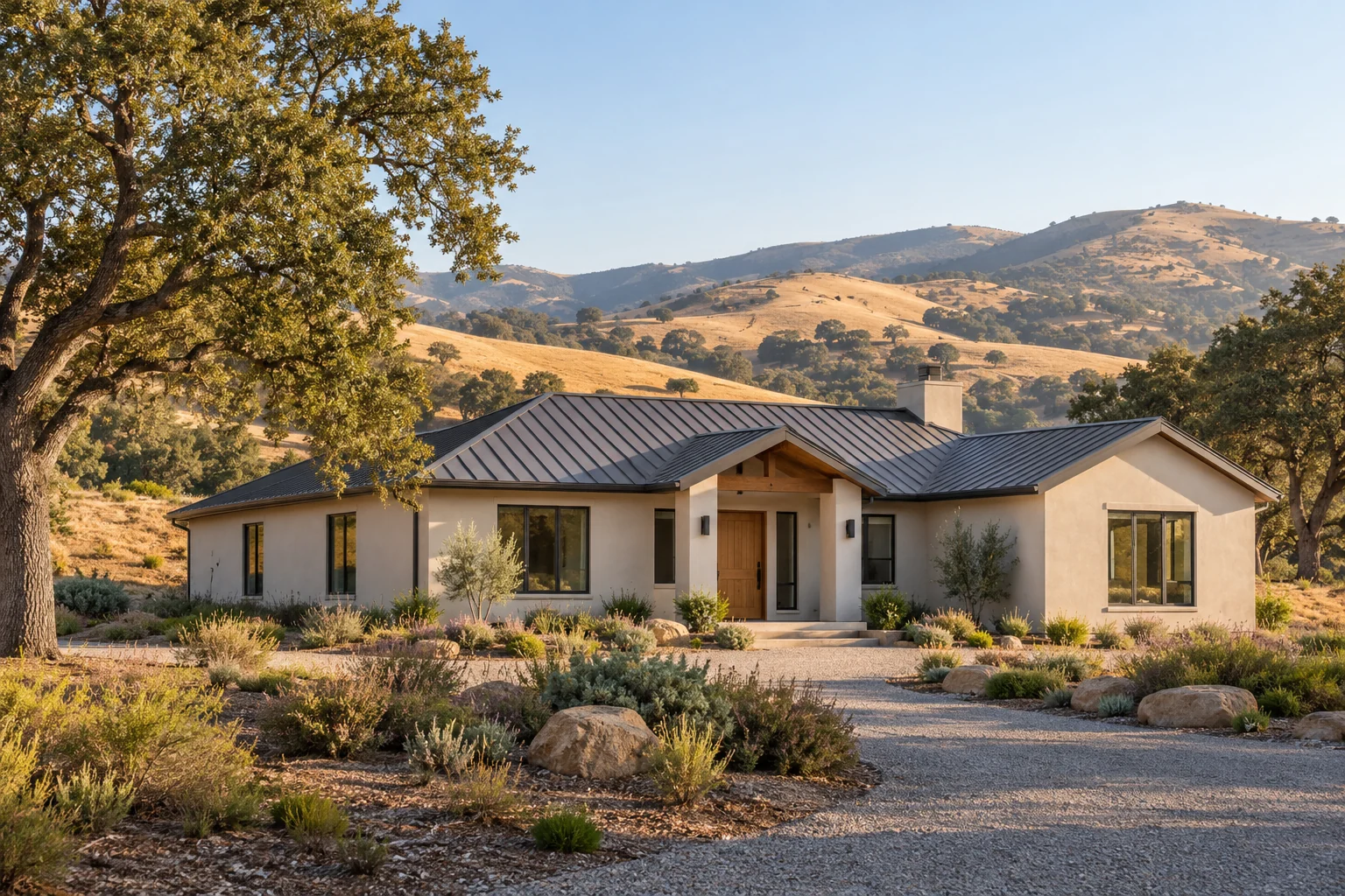 AI-generated illustration of a stucco home with a metal roof, gravel paths and dry hills behind it