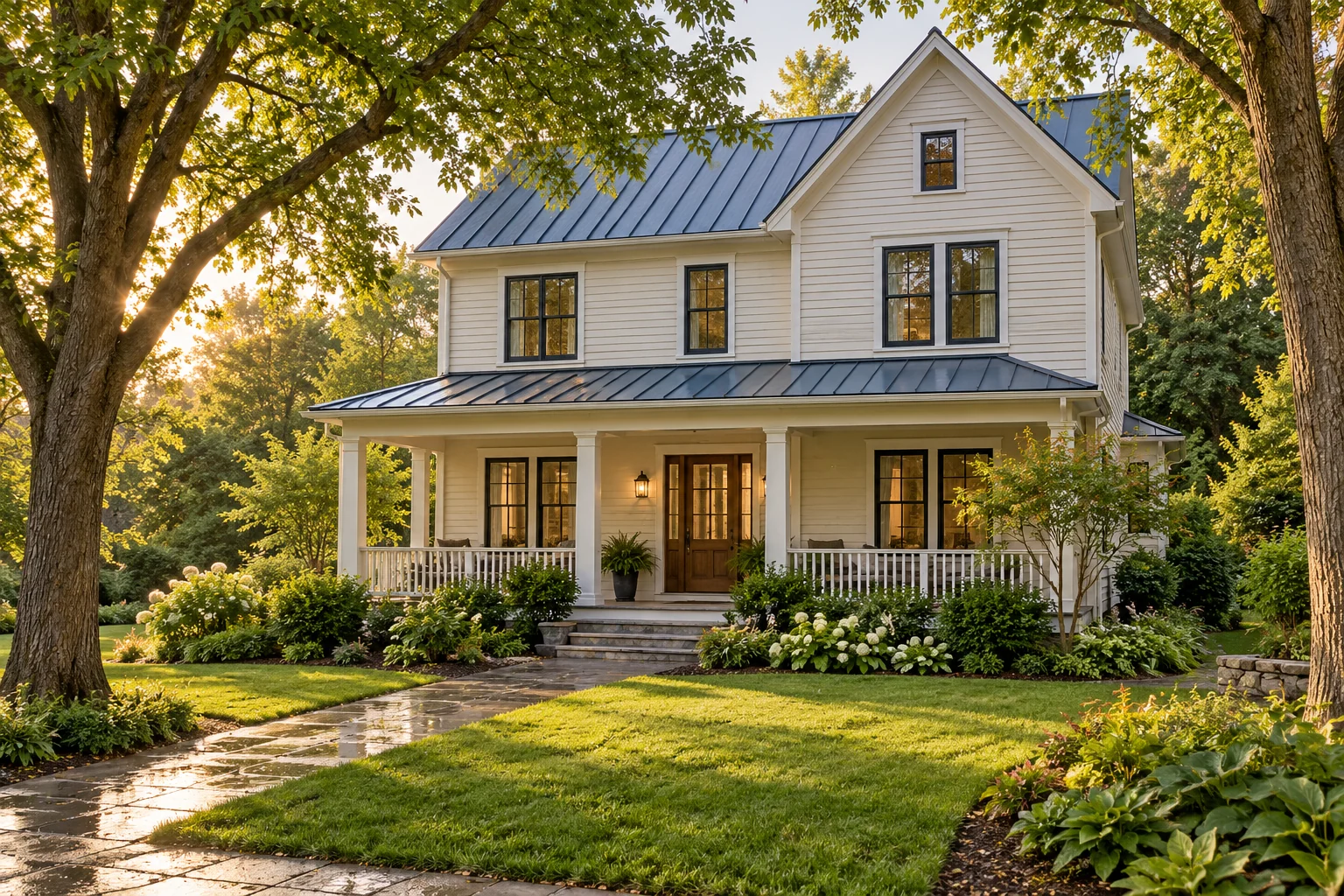 AI-generated illustration of a cream clapboard house with a porch, metal roof and mature trees